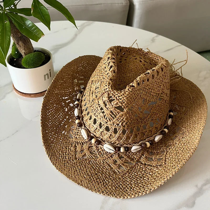 Bohemian Shell Straw Cowgirl Hat