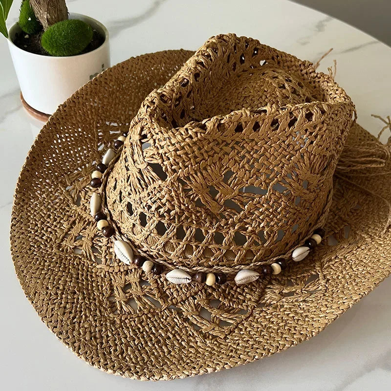 Bohemian Shell Straw Cowgirl Hat